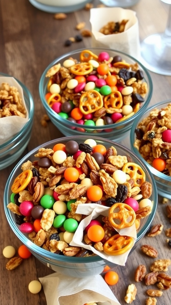 Colorful snack mixes in glass bowls with nuts, pretzels, and dried fruits on a wooden table.